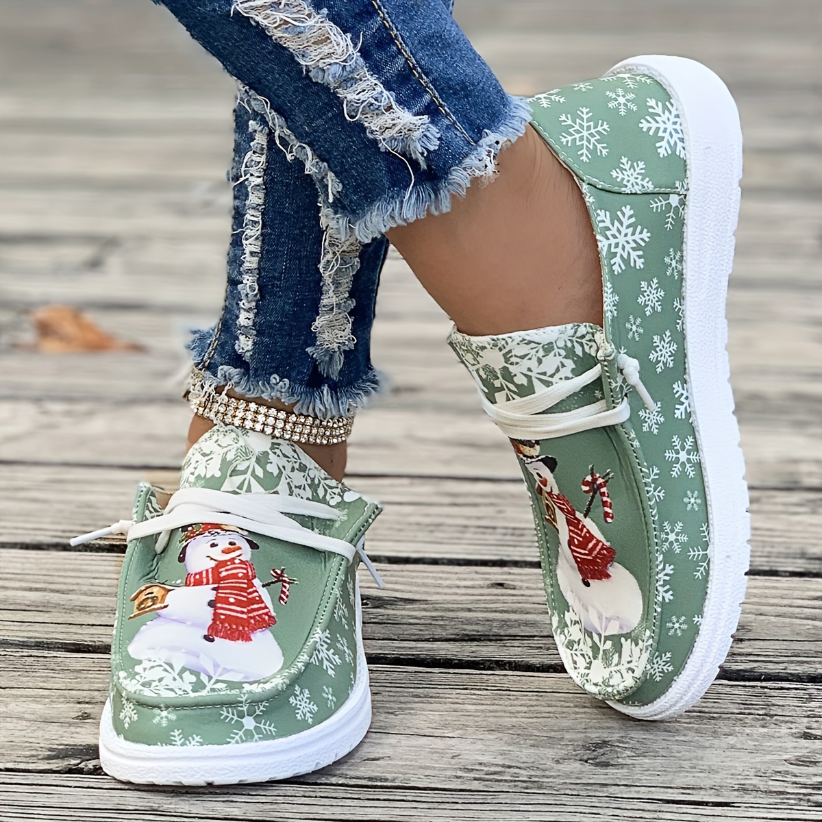 womens christmas style canvas shoes snowman snowflake pattern flats casual low top loafers details 1