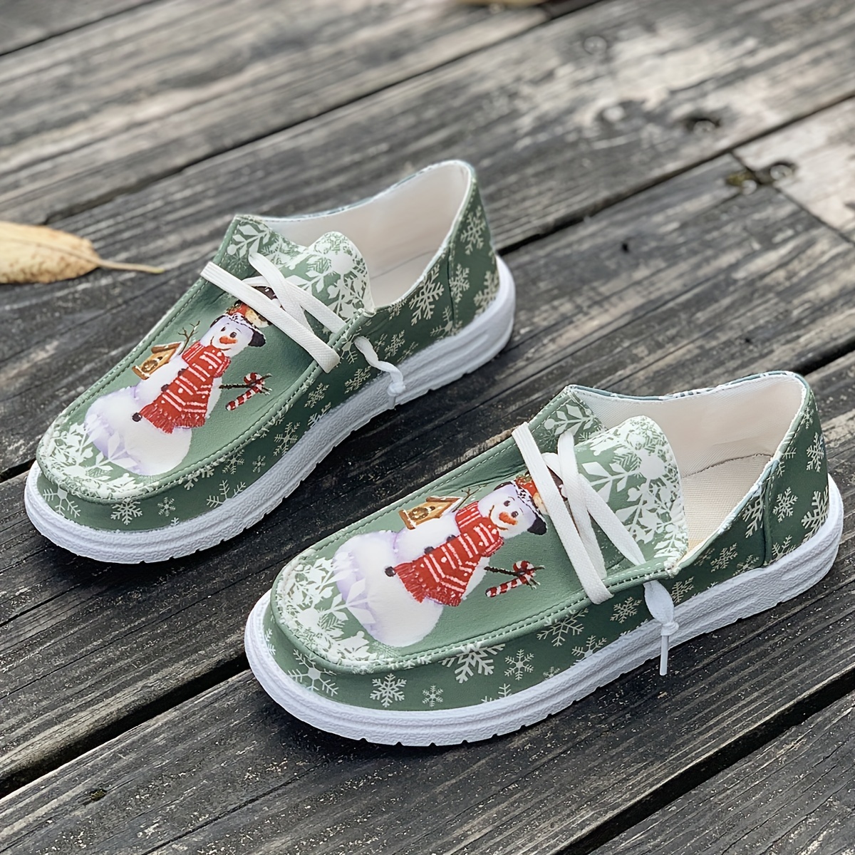 womens christmas style canvas shoes snowman snowflake pattern flats casual low top loafers details 2