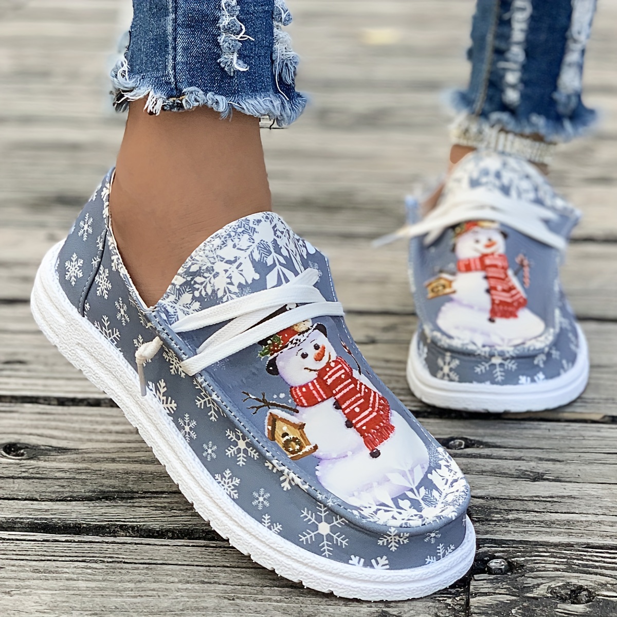 womens christmas style canvas shoes snowman snowflake pattern flats casual low top loafers details 3