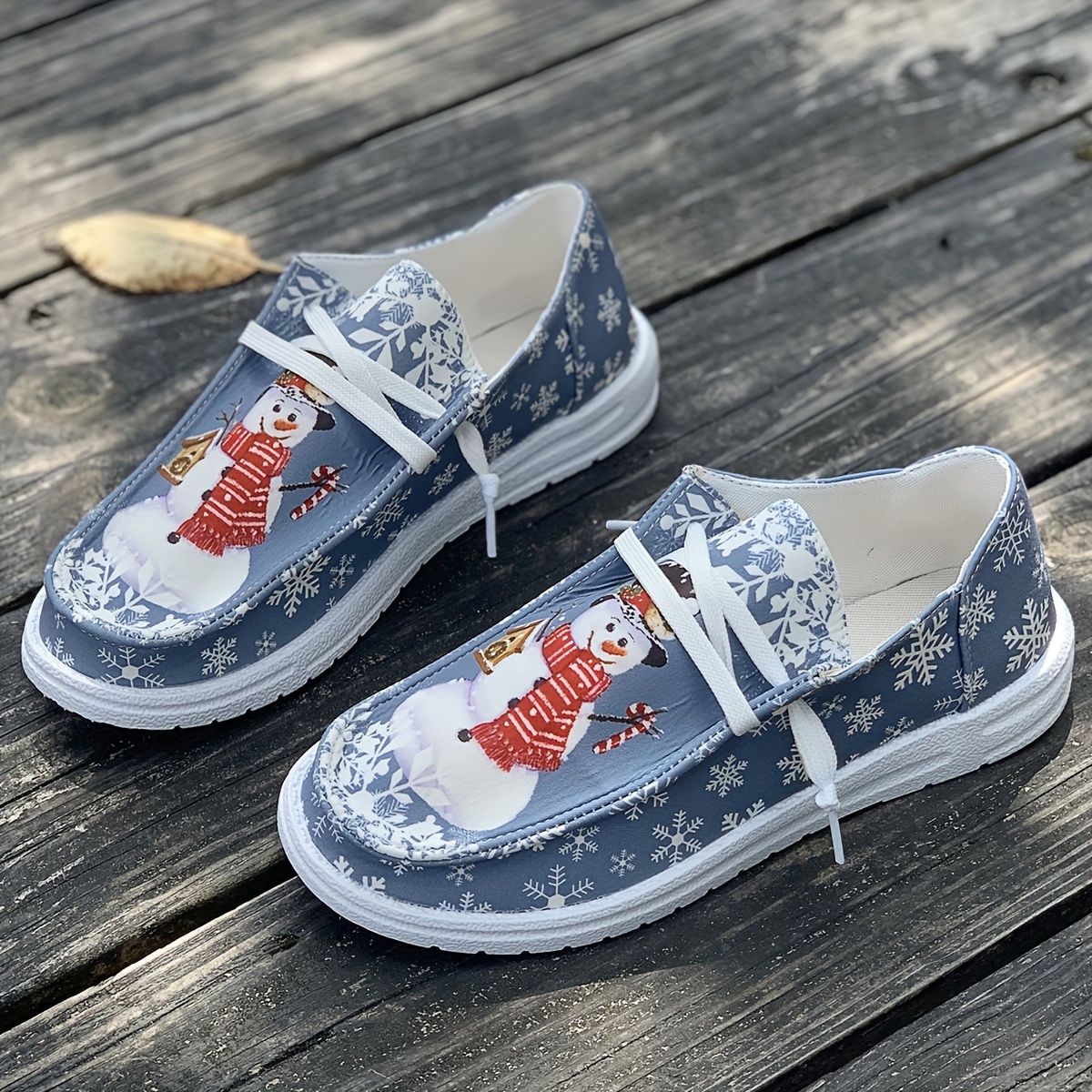 womens christmas style canvas shoes snowman snowflake pattern flats casual low top loafers details 4