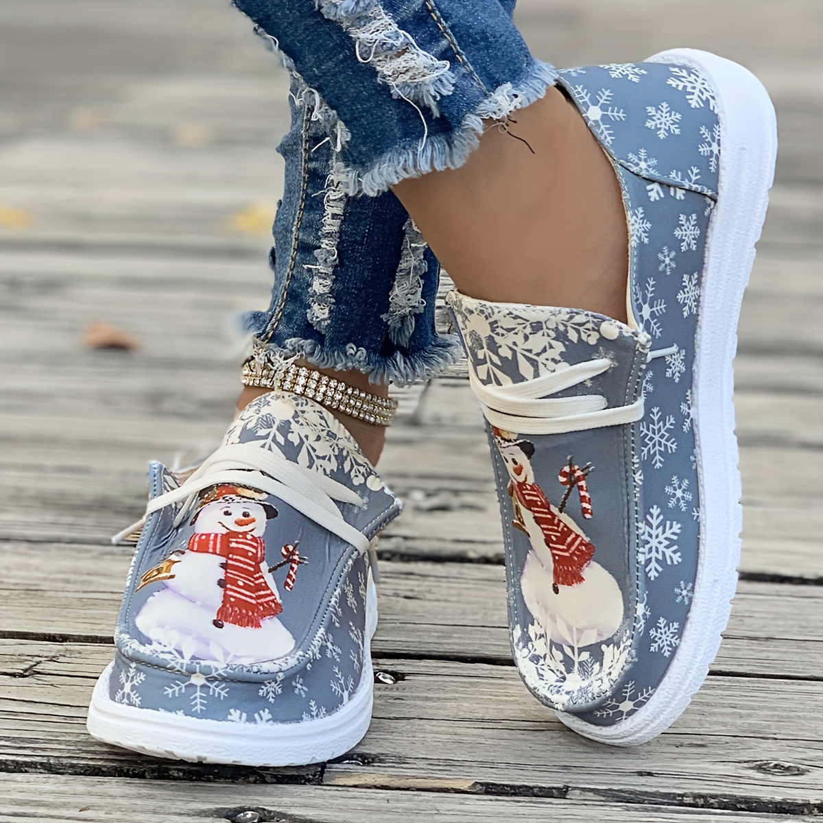 womens christmas style canvas shoes snowman snowflake pattern flats casual low top loafers details 5