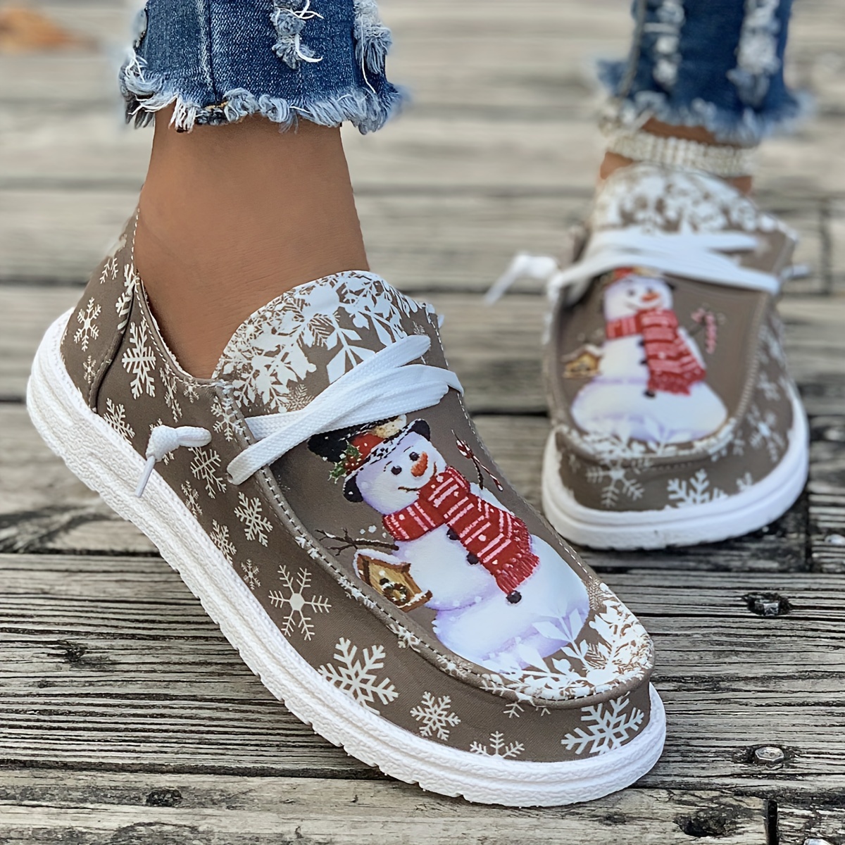 womens christmas style canvas shoes snowman snowflake pattern flats casual low top loafers details 7