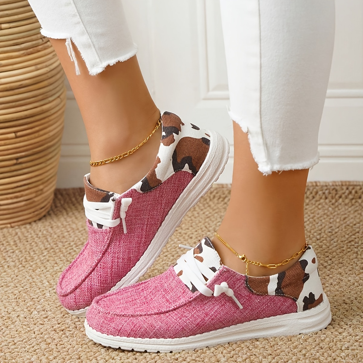 womens cow pattern canvas shoes trendy lace up outdoor sneakers womens casual low top shoes details 7