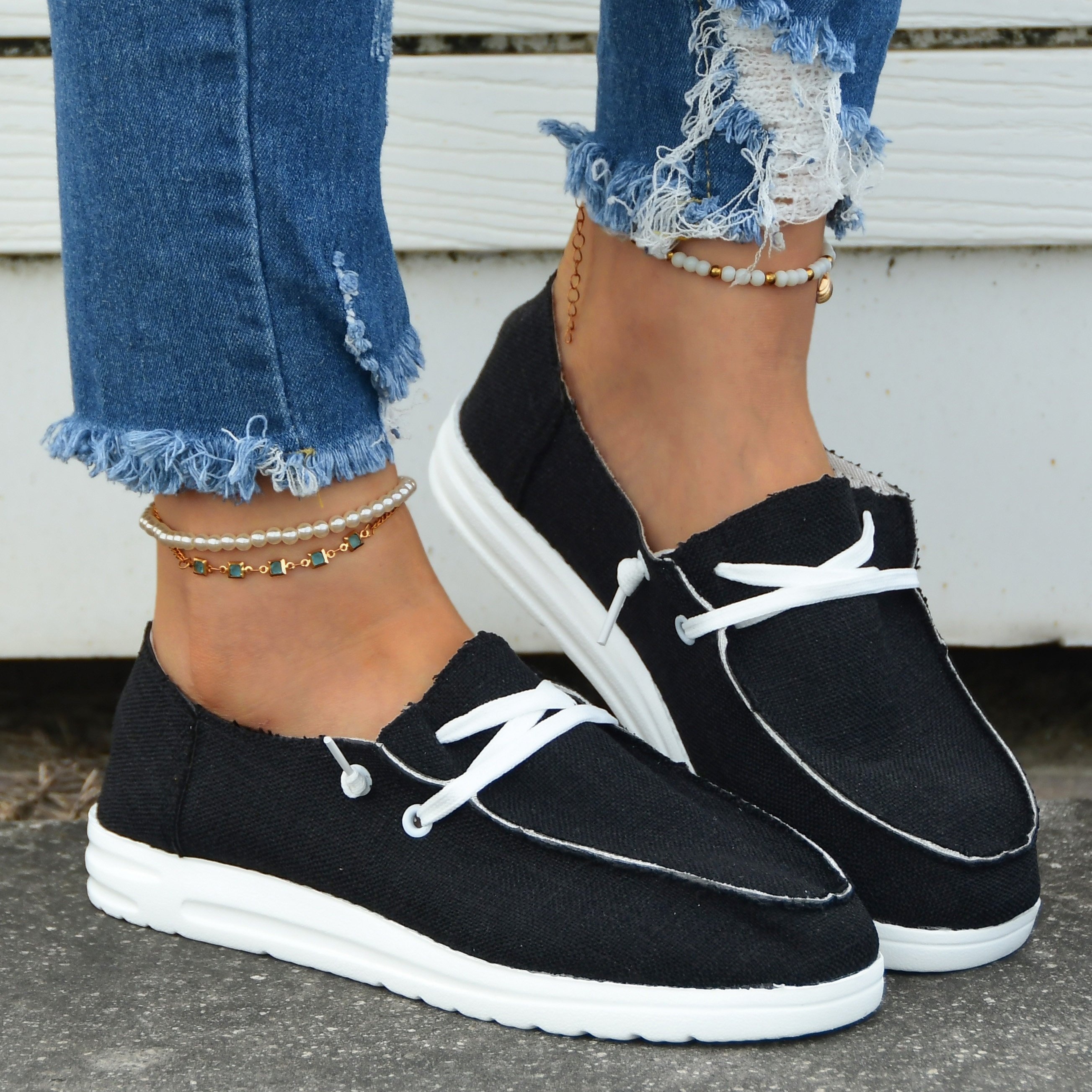 casual flat canvas shoes round toe lace up low top walking flats womens footwear details 5